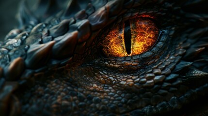 Closeup of a dragons eye, glowing intensely, with a smooth, plain black background to enhance the mystery