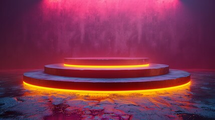 A glowing orange podium with three steps sits in a dark room with a glowing pink background.