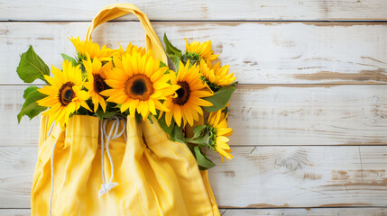 Eco bag with beautiful sunflowers on white wooden background