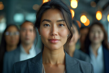 Confident Asian businesswoman leading a diverse team. A powerful image showcasing leadership in a professional workplace, ideal for business-related media - Powered by Adobe
