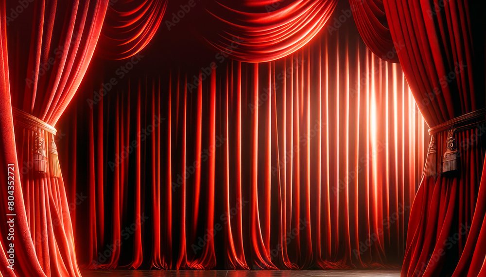 Poster red theater curtains on a stage with a spotlight in the background, conveying a dramatic and elegant