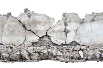 collapsed, cracked, damaged or broken concrete cement wall, isolated on white background