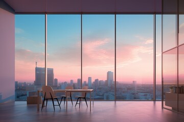 A Pastel Pink Pristine Office Space with Modern Furniture, Large Windows, and a View of the City Skyline at Sunset
