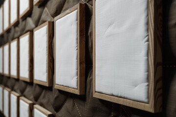 an gallery's side perspective captures a sequence of wooden frames on a wall of dark, hand-stitched fabric