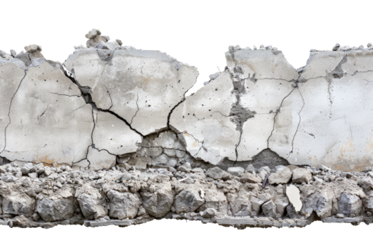 collapsed, cracked, damaged or broken concrete cement wall, isolated on white background