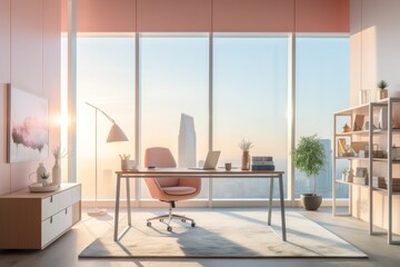 A Modern Office Space Bathed in Soft Peachy Tones, Featuring Pastel Accents, Sleek Furniture, and Expansive Windows Overlooking the City