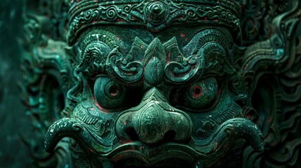 Closeup of Nagas face, hypnotic eyes and ornate headgear, set against a clean, deep green background