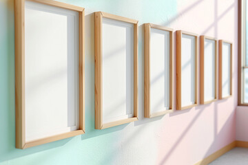 the gallery's side perspective reveals four medium-sized wooden frames, each with a white void, lined up against a pastel-colored wall exhibit exhibit