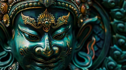 Closeup of Nagas face, hypnotic eyes and ornate headgear, set against a clean, deep green background