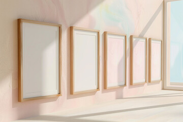 an gallery's side perspective reveals four medium-sized wooden frames, each with a white void, lined up against a pastel-colored wall exhibit