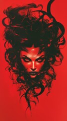 Dynamic Medusa preparing to strike, eyes ablaze, set against a clean, intense red background for impact