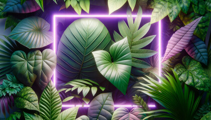 Tropical leaves with a glowing neon frame, digital art style, on a dark background, concept of vibrant nature. Generative AI