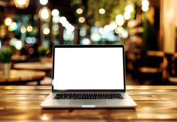 A laptop with a blank screen on a wooden table, bokeh lights in the blurry cafe background, concept...