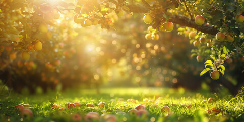 Red apples on apple tree branch on warm autumn day. Harvesting ripe fruits in an apple orchard. Growing own fruits and vegetables. Gardening and lifestyle of self-sufficiency.