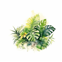 Create a watercolor painting of a lush tropical garden with vibrant green leaves and a few pops of color from flowers