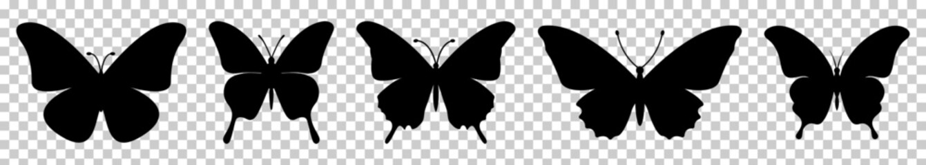 Butterfly black silhouette icons. Insect symbol. Vector illustration isolated on transparent background