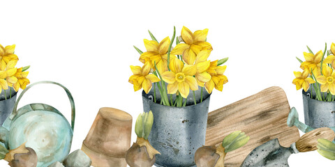 Yellow daffodils in metal garden bucket, vintage watering can, flower pot and bulbs seamless border. Watercolor banner with flowers and garden tools for magazine, product packing, stationery design © Evgeniya
