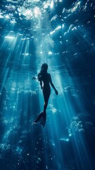 Dynamic shot of a mermaid swimming upward towards light piercing through clear blue water, symbolizing hope and freedom