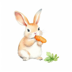 Create a watercolor illustration of a cute bunny eating a carrot