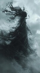 Ethereal Banshee surrounded by swirling winds, dramatic and fierce, set against a clear, stormy sky background