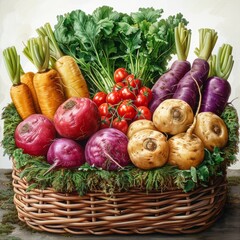 A basket full of fresh vegetables, including carrots, tomatoes, radishes, and turnips.