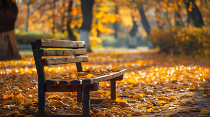 Empty wooden bench in autumn park
