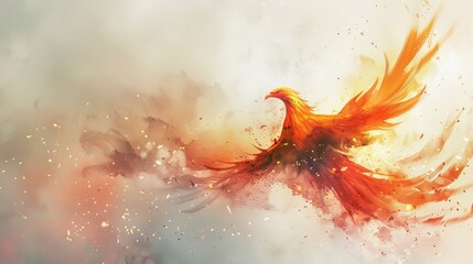 Ethereal Phoenix descending gently, surrounded by soft, glowing embers, set against a minimalist white backdrop
