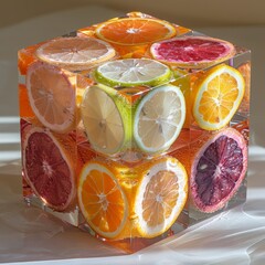 A cube made of clear material with slices of oranges, lemons, and blood oranges suspended inside.