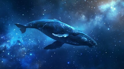 Fototapeta premium Ethereal Leviathan gliding through starlit underwater scenery, minimal stars and deep blue background for a dreamy look