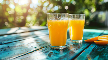 Glasses of tasty orange juice on table outdoors closeup