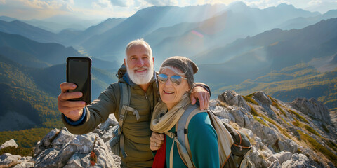 Fototapeta premium Cheerful senior hiker couple taking a selfie atop of a mountain they just hiked. Adventurous elderly man and woman with backpacks. Hiking and trekking on a nature trail.