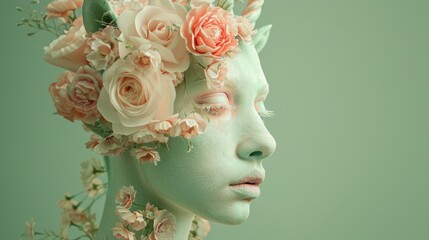 Female centaur with floral garlands, symbolizing harmony with nature, against a clean, pastel green backdrop