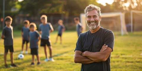 Cheerful middle age football coach smiling on a backdrop of his young players on soccer pitch....