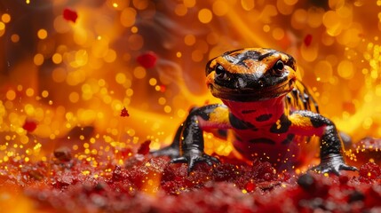 Fire salamander in a natural pose, surrounded by small flames, on a simple, fiery red background to enhance its elemental nature