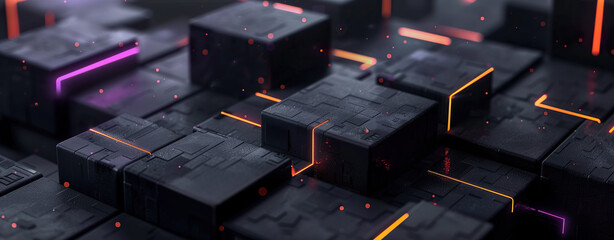 Dark background, black cubes with orange and purple lights on the sides arranged in an abstract pattern. 