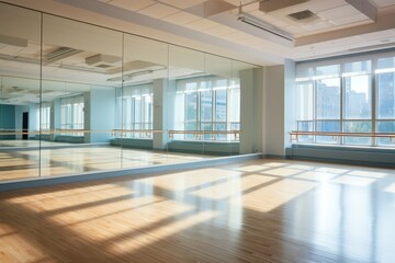 A Vibrant Dance Studio with Mirror Walls Reflecting the Graceful Movements of Dancers in Mid-Performance