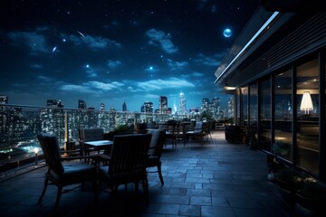 A Serene Evening at the Rooftop Observatory Deck Overlooking the Bustling City with a Spectacular View of the Starry Night Sky