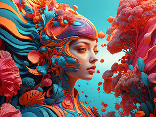An abstract masterpiece, blending the allure of a woman's face with the vibrant hues of coral reef, a mesmerizing dance of artistry.