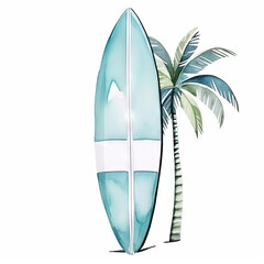A surfboard with a palm tree  painted on it.