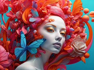 A woman blooms with ethereal grace, adorned by a butterfly's delicate embrace, and other fashion elements.





