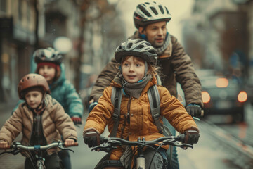 Urban Family Bike Ride - Active Family Outing: A family with children biking through city streets, dressed in sporty and practical clothing, enjoying an active family outing.