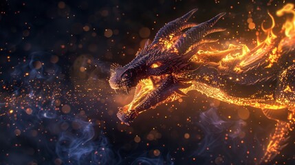 Firebreathing dragon in midroar, flames vivid against a clean, dark nighttime background