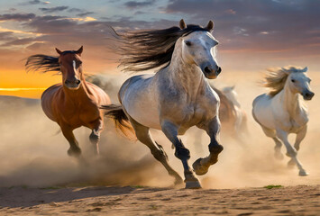 two horses running on the beach