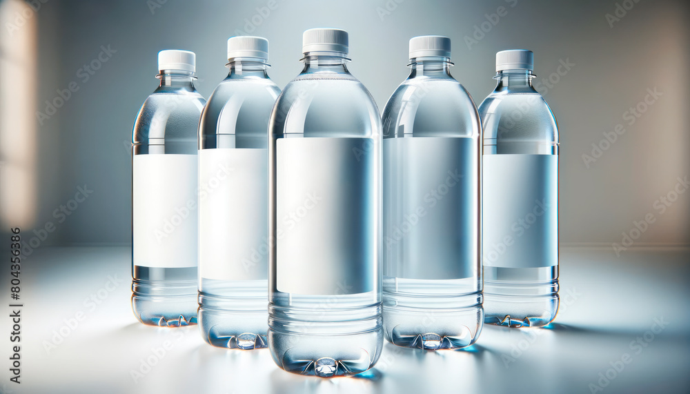 Poster five water bottles with blank labels on a reflective surface, modern background, concept of branding