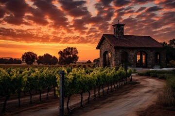 A Rustic Winery Nestled in the Rolling Vineyards Underneath a Majestic Sunset Sky, Reflecting the Rich Tradition of Wine Making