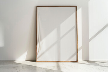 an minimalist gallery space features a single, large wooden frame standing on the floor against a white wall