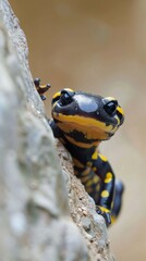 Fire salamander peeking out from behind a rock, playful and alert, with a clear, neutral beige background