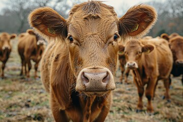 Fototapeta premium Tan cow with a curious expression stands in front with more cows in the soft-focus background on a farm