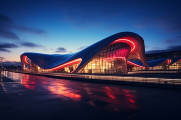 A Futuristic Airport Terminal at Dusk, Illuminated by Neon Lights, with Autonomous Vehicles and Robots Assisting Travelers