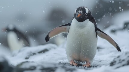 An Adelie penguin stretches its wings in Antarctica. Generative AI